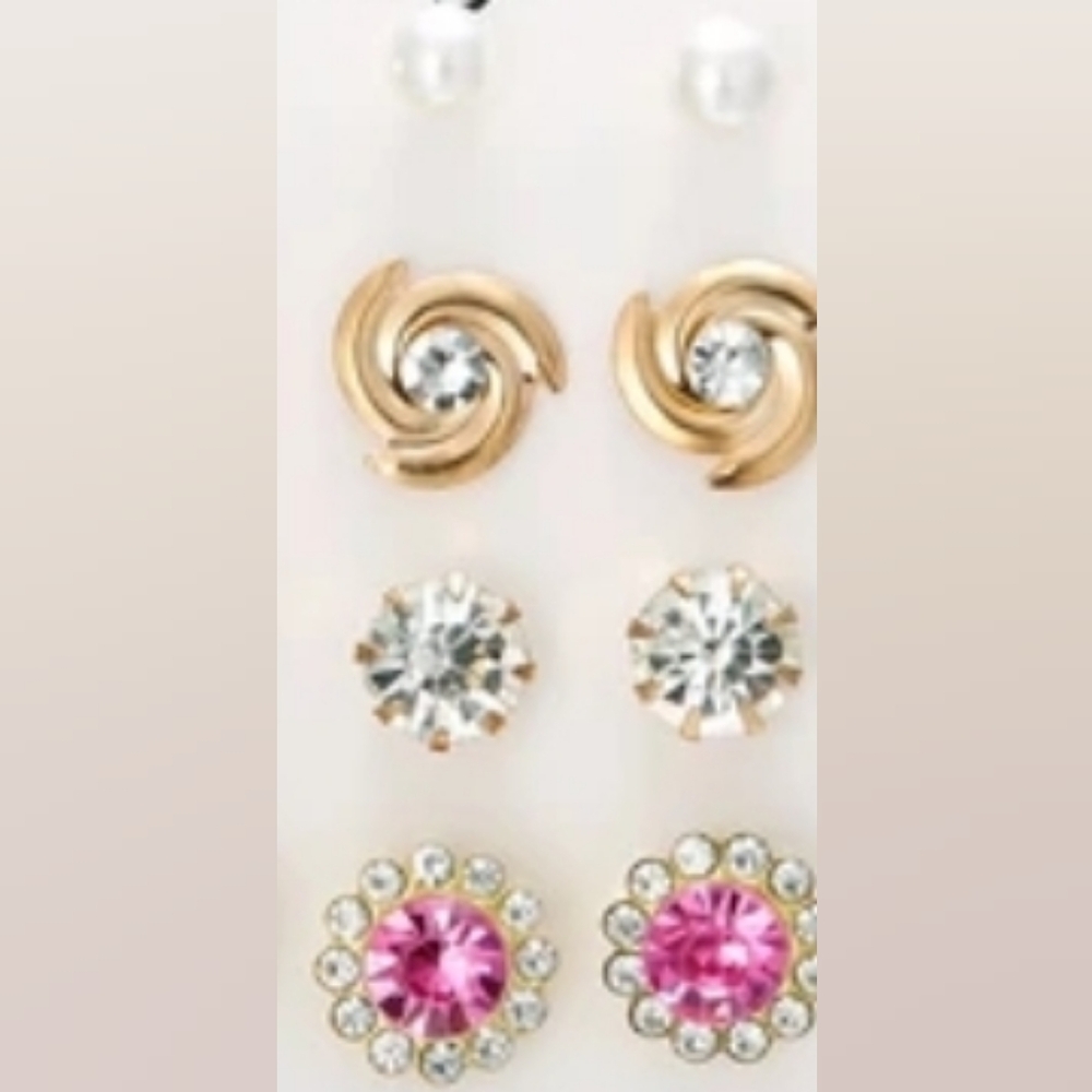 4pc floral, Swirl, rhinestone pearl stud earrings